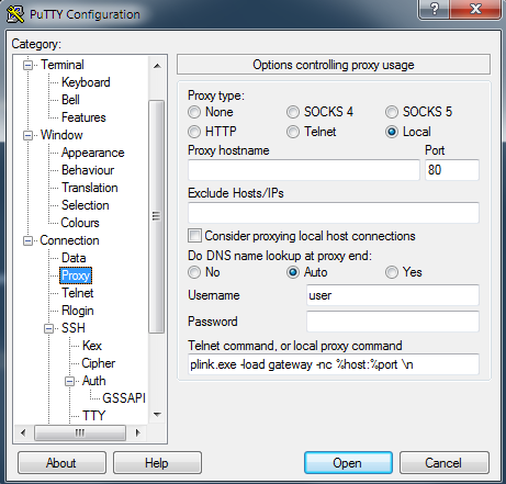 Putty proxy configuration